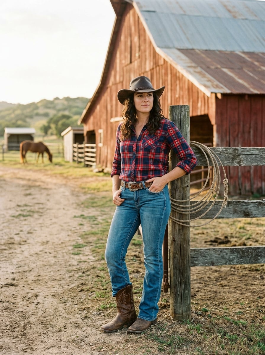 Cowgirl niche preview — Denim, boots, hat and open plaid.